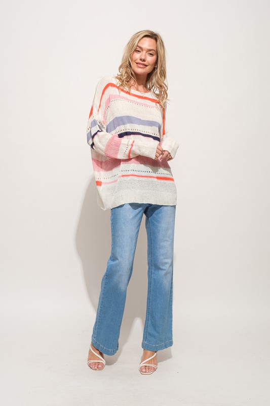 Abstract-Striped-Light-Weight-Loose-Sweater-Pink-Multi Abstract Striped Light Weight Loose Sweater - Pink Multi