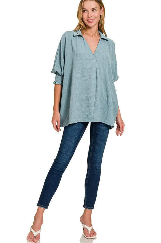 Airflow-Collar-Tee-with-Smocked-Sleeve-Band-Top-Blue-Grey-3