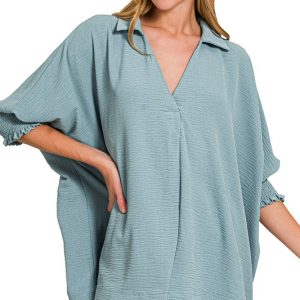 Airflow Collar Tee with Smocked Sleeve Band Top - Blue Grey