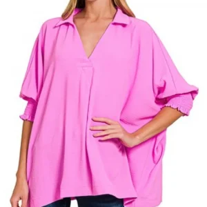 Airflow Collar Tee with Smocked Sleeve Band Top - Bright Mauve