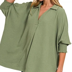 Airflow Collar Tee with Smocked Sleeve Band Top - Lt Olive