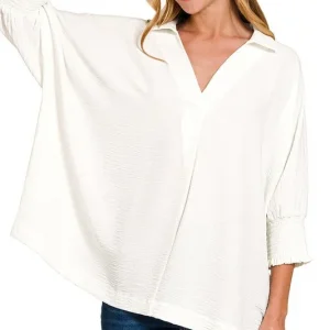 Airflow Collar Tee with Smocked Sleeve Band Top - Off White
