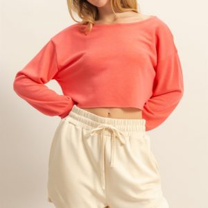 Boat Neck Long Sleeve Cropped Top - Coral