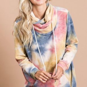 Brushed Tie Dye Overlapped Turtle Neck Sweatshirt - Mustard/Navy
