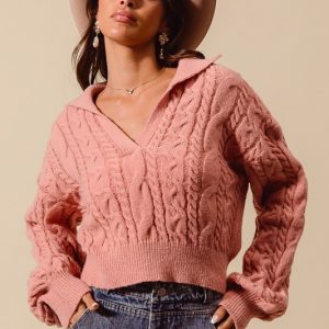 Cable Knit Deep V Neck Crop Swetaer Top - Mauve