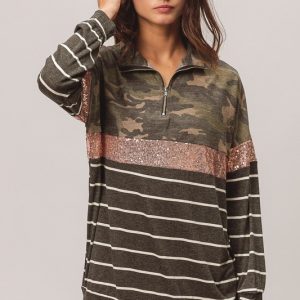 Camouflage French Terry Knit Top - Pink Sequin