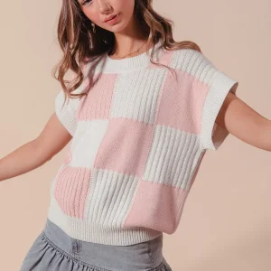 Check Plaid Casual Sweater Top - Dusty Pink/Ivory