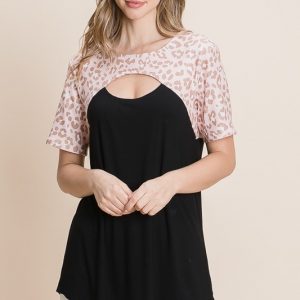 Chic Leopard Contrast Cutout Top - As Shown