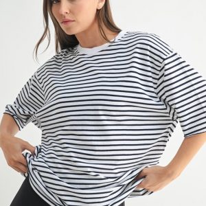 Coastal Cotton Striped Oversized Crewneck T-Shirt - White/Navy