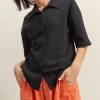 Collared Neck Button Down Waffle Shirt - Black
