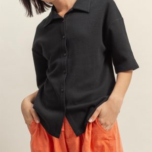 Collared Neck Button Down Waffle Shirt - Black