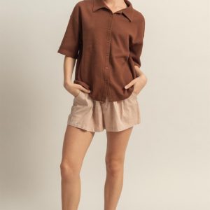 Collared Neck Button Down Waffle Shirt - Chestnut
