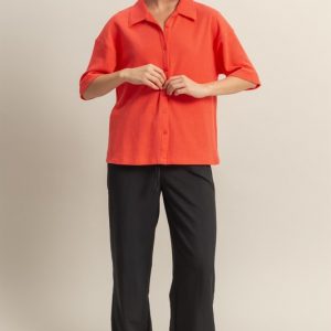 Collared Neck Button Down Waffle Shirt - Coral