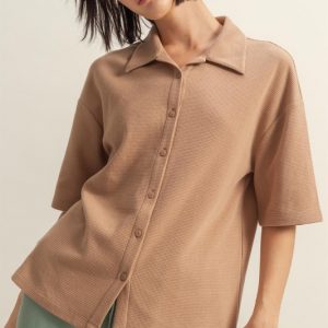 Collared Neck Button Down Waffle Shirt - Dark Taupe