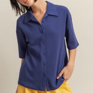 Collared Neck Button Down Waffle Shirt - Dusty Indigo