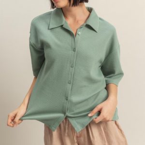 Collared Neck Button Down Waffle Shirt - Sage Green