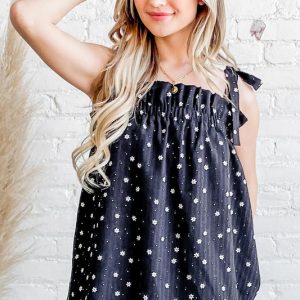Daisy Polka Dot Print Ruffle Tank Top - Black