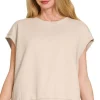 French Terry Round Neck Cap Sleeve T-Shirt - Sand Beige