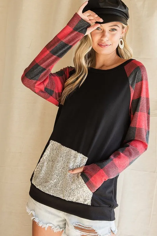 French-Terry-Top-with-Sequins-Kangaroo-Pocket-BlackRed-Check-1
