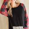 French Terry Top with Sequins Kangaroo Pocket - Black/Red Check