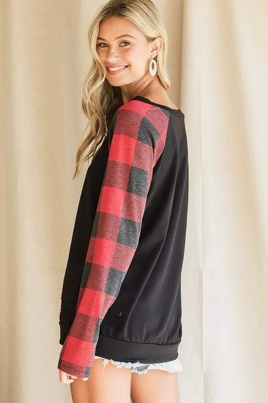 French-Terry-Top-with-Sequins-Kangaroo-Pocket-BlackRed-Check-2