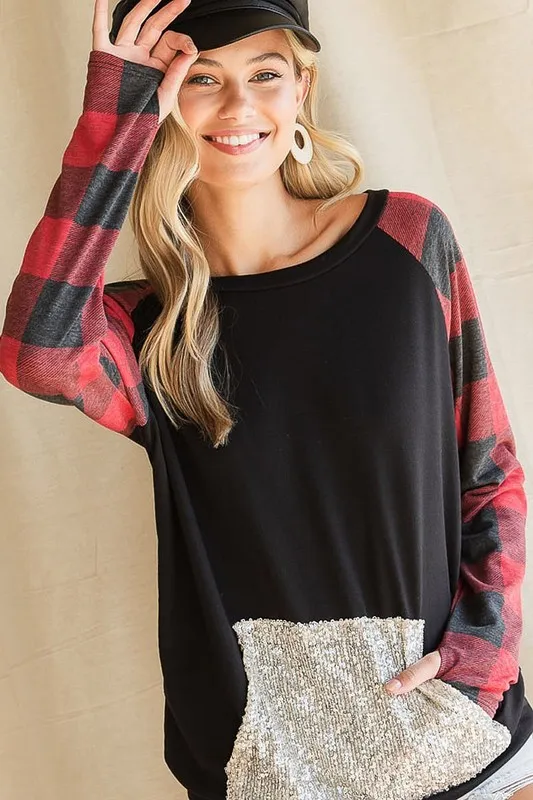 French-Terry-Top-with-Sequins-Kangaroo-Pocket-BlackRed-Check-3