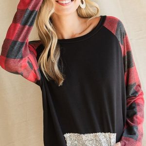 French Terry Top with Sequins Kangaroo Pocket - Black/Red Check