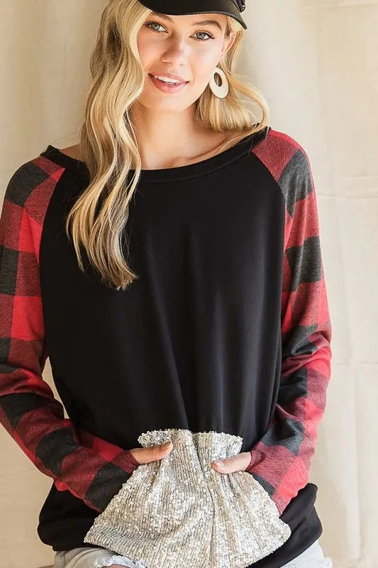 French-Terry-Top-with-Sequins-Kangaroo-Pocket-BlackRed-Check-4