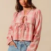 Front Tie Checkered Plaid Blouse - Pink Combo