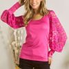 Lace Splicing Puff Sleeve Top - Fuchsia