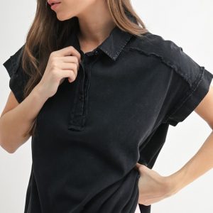 Mineral Wash Half Button T-Shirt - Black