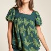 Nature Printed Square Neck Puff Sleeve Blouse - Deep Green