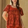 Nature Printed Square Neck Puff Sleeve Blouse - Persimmon