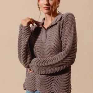 Notched Collar Wavy Texture Sweater Top - Coffee