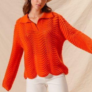 Notched Collar Wavy Texture Sweater Top - Rust