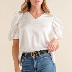 Plain Satin Puff Shirring V Neck Blouse Top - White