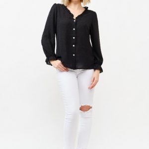Polka Dot Ruffle Detailed Blouse Top - Black