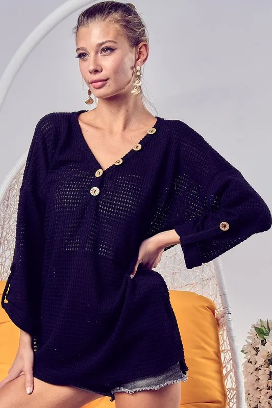Popcorn-Waffle-Top-with-Buttoned-Plaket-Black-1