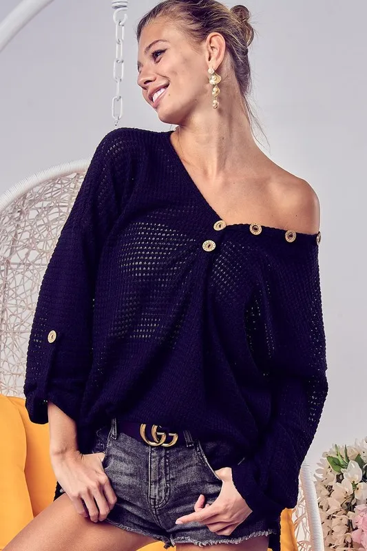 Popcorn-Waffle-Top-with-Buttoned-Plaket-Black-4