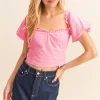 Puff Sleeve Sweetheart Neck Top - Pink