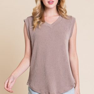 Rib Knit V-Neck Tank - Mocha