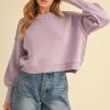 Ribbed Hem Exposed Seam Round Neck Sweater - Lilac