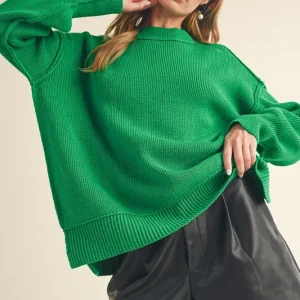 Ribbed Hem Side Slit Round Neck Sweater - Green