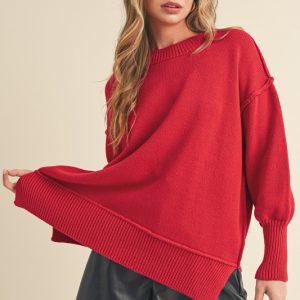 Ribbed Hem Side Slit Round Neck Sweater - Red