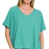 Ribbed V-Neck Short-Sleeve Knit Top - Lt Teal