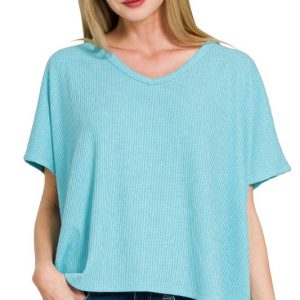 Ribbed V-Neck Short-Sleeve Knit Top - Sky Blue
