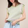 Ruffle Detail Striped Knit Sweater Top - Lime