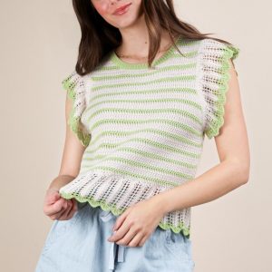 Ruffle Detail Striped Knit Sweater Top - Lime