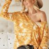 Tie Dye Print Waffle V Neck Top with Contrast - Mustard