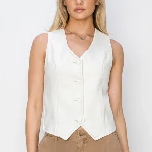 V Neck Button Down Vest - White